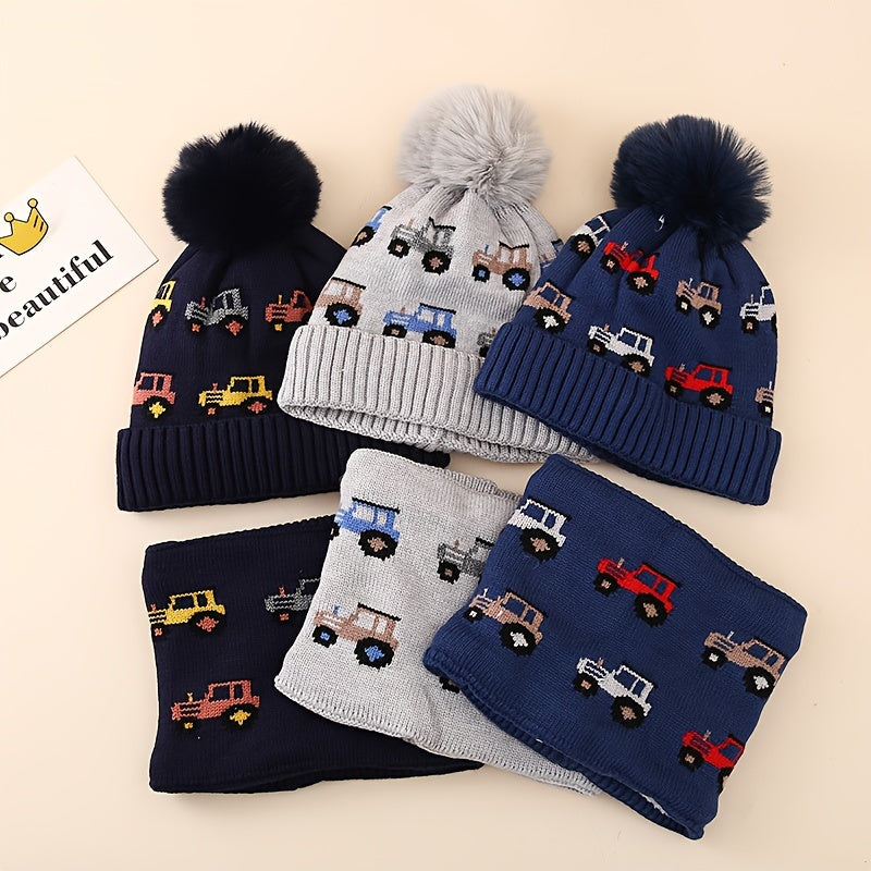 Festive Kids' Knit Hat and Scarf Set: 3-8 Years Old, 16cm/6.3inch Hat, 18cm/7inch Scarf, 19cm/7.48inch Hat, 20cm/7.87inch Scarf, Cartoon Car Pattern, Warm and Cozy, Suitable for Boys 3-14 Years Old