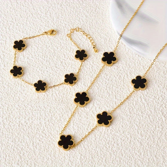 18k Gold Plated Chic Flower Jewelry Set - Hypoallergenic Stainless Steel, Luck Design, Multiple colors for Daily Outfit Matching & Casual Dating Glam