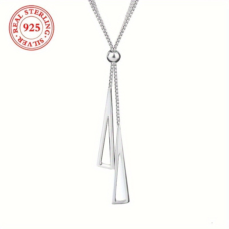 Premium S925 Sterling Silver Geometric Triangle Lariat Necklace - Effortlessly Adjustable Pull-Chain Design - Timeless Minimalist Style for Vacation or Everyday Glam - Y Shape Sterling Silver Accessory