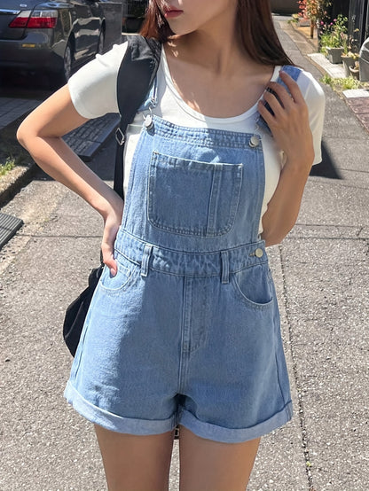 Womens Refined Denim Romper Shorts - Adjustable Buckle Straps, Cuffed Hem, Washed Jean Shortalls Playsuit, Sleeveless Overall for Effortless Summer Chic