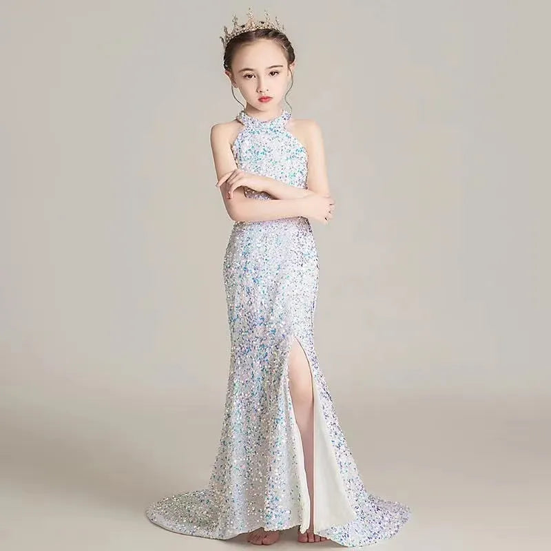 Flower Girls Dresses Sheer Hang Neck Hand Made Flowers Kids Formal Wear Sequined Girl Mermaid Dress For Wedding 403