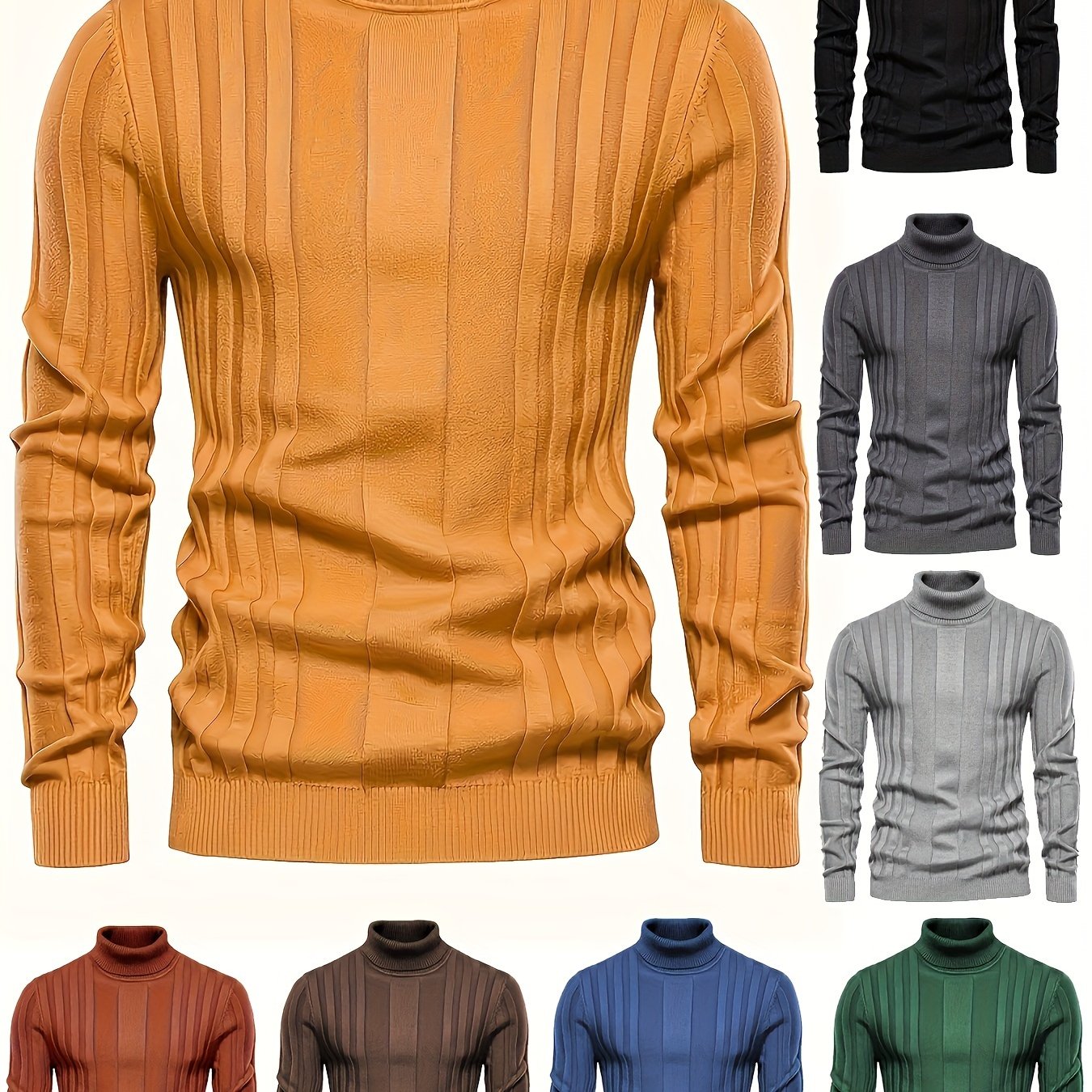 Cozy High Neck Knitted Sweater - Soft High Stretch Polyester Fabric, Long Sleeve, Regular Fit, Machine Washable, Solid Color Pullover for Men - Perfect for Spring and Fall Seasons