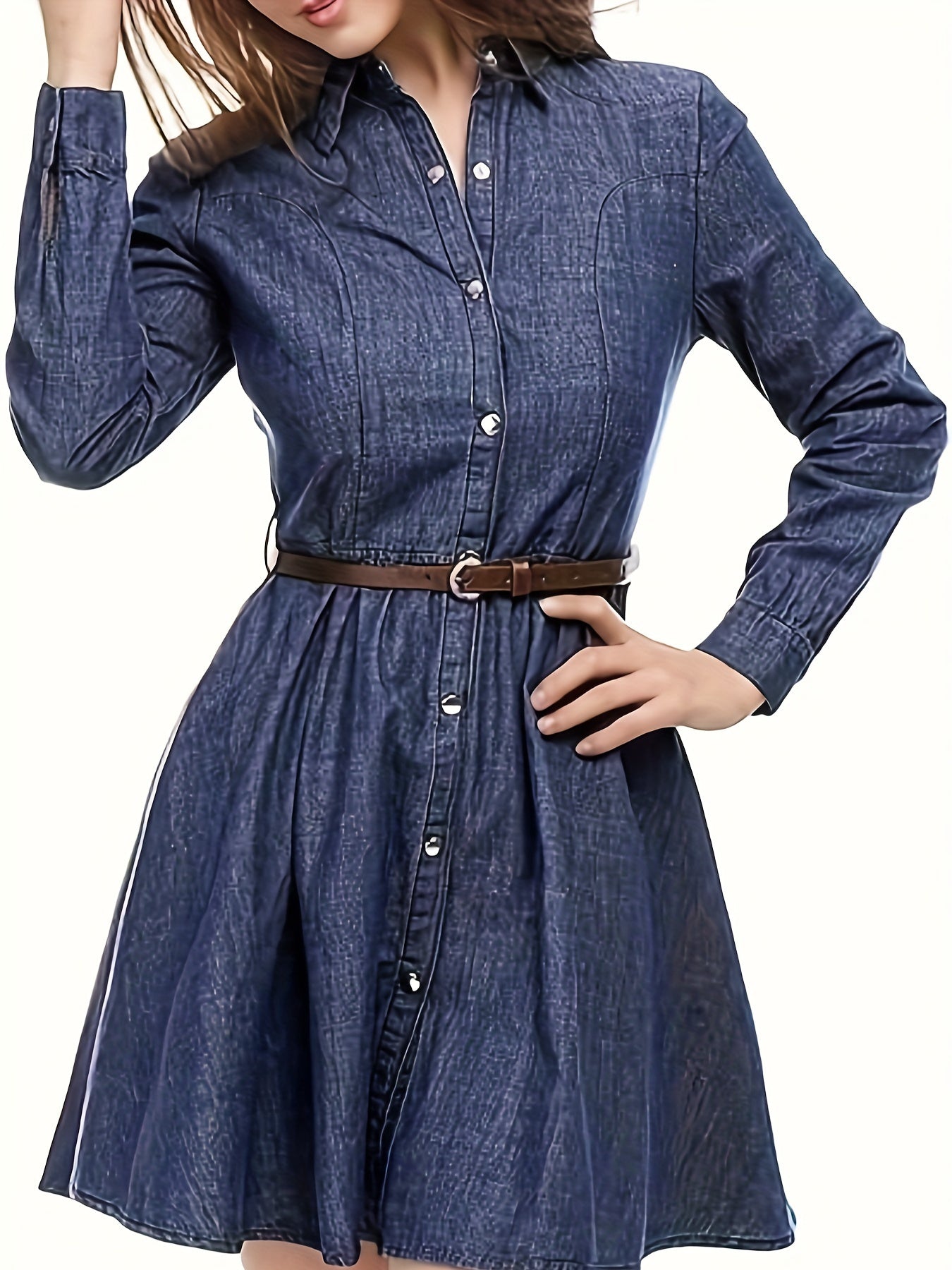 Plain Dark Blue Belted Elegant Denim Dress, Long Sleeve Single-breasted Pleated Flare Denim Shirt Dress, Women's Denim Jeans & Clothing