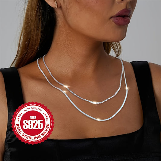 925 Sterling Silver Double Layer Chain Necklace Sparkling Silver Color Chain Simple Necklace