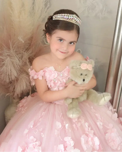 Princess Pink Flower Girl Dresses Elegant Off Shoulder Lace Appliques Hand Made Flowers Formal Kids Birthday Party Gowns Toddler Pageant Dress BC18094