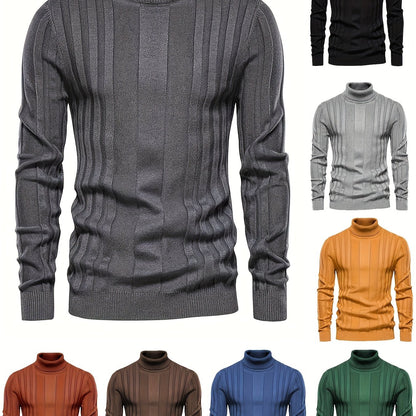 Cozy High Neck Knitted Sweater - Soft High Stretch Polyester Fabric, Long Sleeve, Regular Fit, Machine Washable, Solid Color Pullover for Men - Perfect for Spring and Fall Seasons