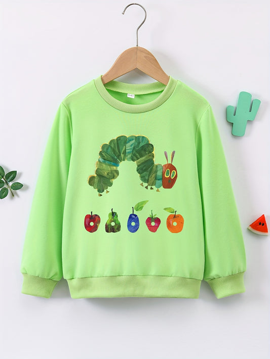 Cute Cartoon Caterpillar Kid's Round Neck Sweatshirt - Fashionable Cozy Long Sleeve Top for Boys - Soft, Comfortable, Trendy, and Warm for Spring, Fall, and Winter Seasons