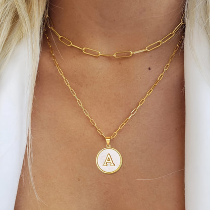 Chic Double-Layered Gold Initial Necklaces - Paperclip Chain with Round Shaped Letter Pendants - Elegant Accessory for Every Occasion