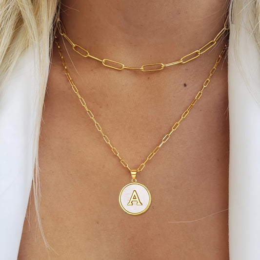 Chic Double-Layered Gold Initial Necklaces - Paperclip Chain with Round Shaped Letter Pendants - Elegant Accessory for Every Occasion