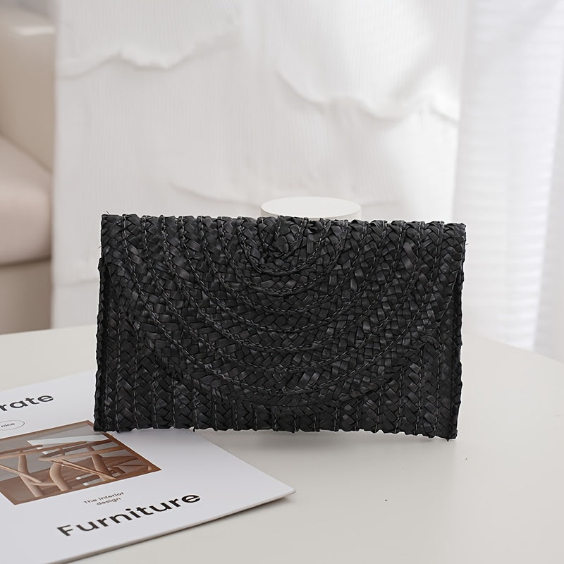 Classic Solid Color Woven Straw Clutch Purse For Women, Envelope Style Flap Coin Purse For Women