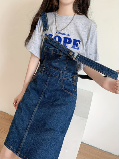 Womens Chic Blue Denim Overall Dress - Loose & Cute Mini Style with Adjustable Straps for Summer Comfort