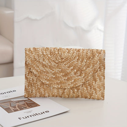 Classic Solid Color Woven Straw Clutch Purse For Women, Envelope Style Flap Coin Purse For Women