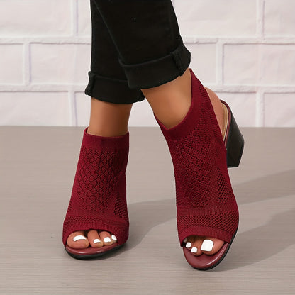 Chic Fabric Sandals for Women - Knitted Slip-On Peep Toe with Slingback and Comfortable Chunky Low Heels - Fashionable Everyday Style