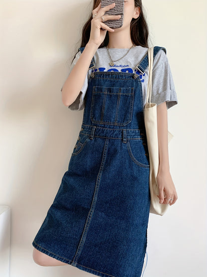 Womens Chic Blue Denim Overall Dress - Loose & Cute Mini Style with Adjustable Straps for Summer Comfort