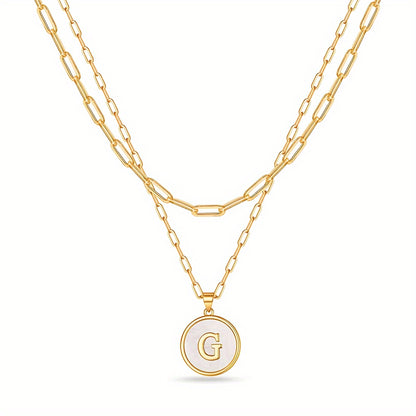 Chic Double-Layered Gold Initial Necklaces - Paperclip Chain with Round Shaped Letter Pendants - Elegant Accessory for Every Occasion