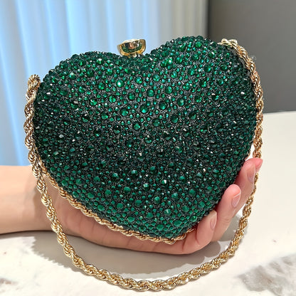 Rhinestone Heart-Shaped Clutch Purse, Fashionable Evening Bag With Chain Strap, Glittering Elegant Handbag For Parties, Prom, Weddings