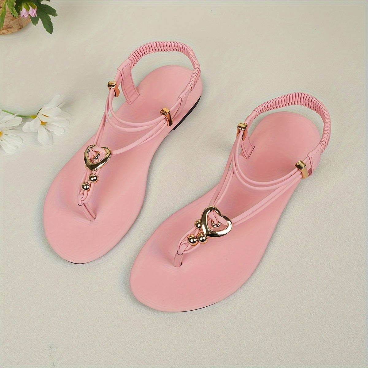 Womens Summer Heart-Themed Sandals - Elastic Ankle Straps for Secure Fit, Ultra-Comfortable with Stylish Heart Accent, Flat Sole for Beach Adventures