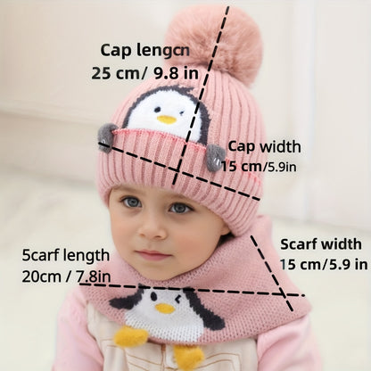 Penguin-Themed Hat & Scarf Combo For Young Ones - Thick, Warm Winter Gear, Ideal For Christmas And Halloween, Suitable For 3 To 14 Years