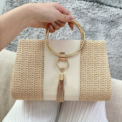 Tassel Decor Straw Evening Bag, Women's Elegant Shoulder Bag With Removable Strap, Summer Beach Woven Metal Ring Handbag Best Gifts for Carnaval