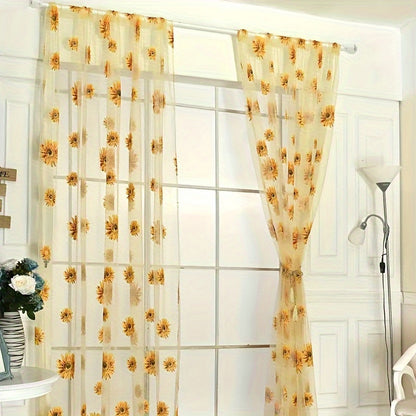 2Pcs Living Room Bedroom Gauze Sunflower Curtain, Translucent Sheer Tulle Valances Panel For Home Door Window Balcony Decoration