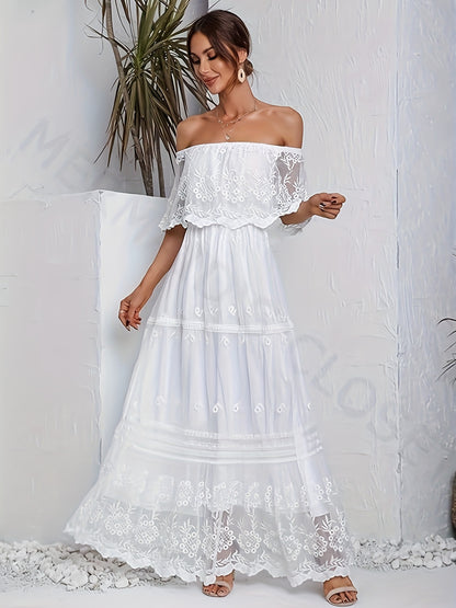 Romantic Off-Shoulder Lace Ruffle Maxi Dress - Flirty Solid Color, Layered Short Sleeves, Perfect for Spring & Summer Vacations - Womens Fashion Clothing