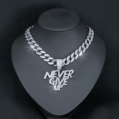 Never give up pendant hip hop Cuban chain necklace, chain length 18in wide 0.59in, gift box