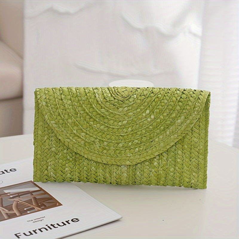 Classic Solid Color Woven Straw Clutch Purse For Women, Envelope Style Flap Coin Purse For Women