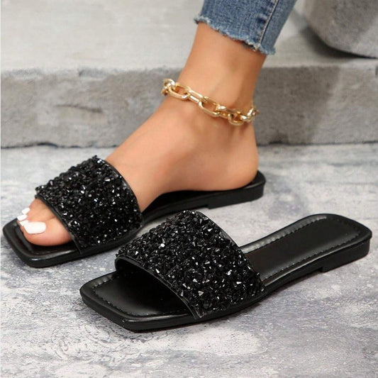 Stylish Rhinestone Slides - Sparkling Square Open-Toe, Flat Bottom, Comfortable, Breathable, Summer Beach Sandals for Women