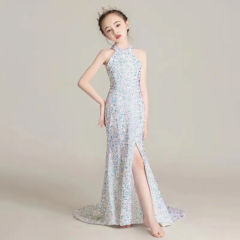 Flower Girls Dresses Sheer Hang Neck Hand Made Flowers Kids Formal Wear Sequined Girl Mermaid Dress For Wedding 403