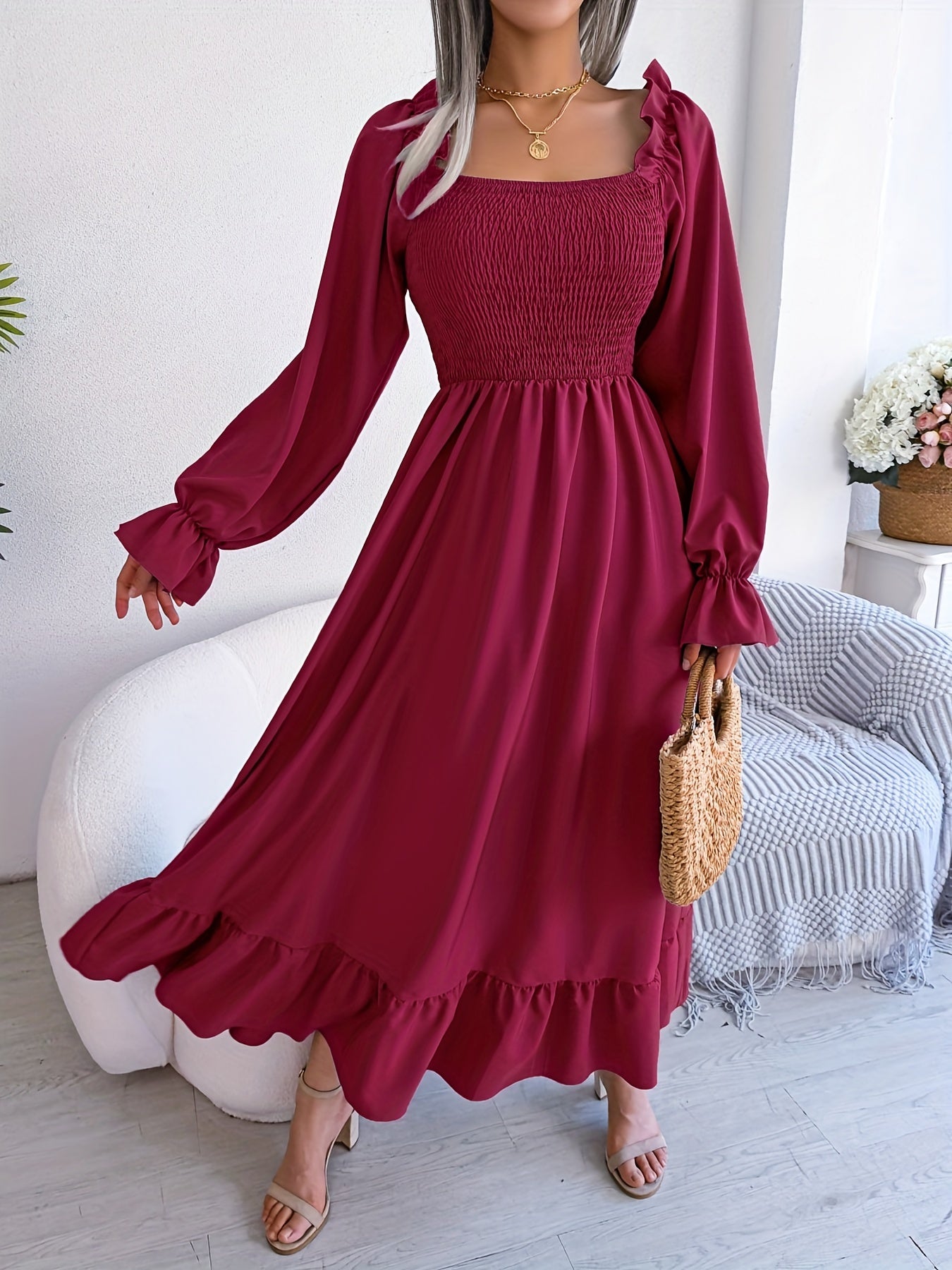 Bold Solid Squared Neck Lantern Sleeve Maxi Dress - Fashionable High Waist, Backless & Ruffled Hem - Alluring Casual Style for Women - Long, Flowing & Versatile