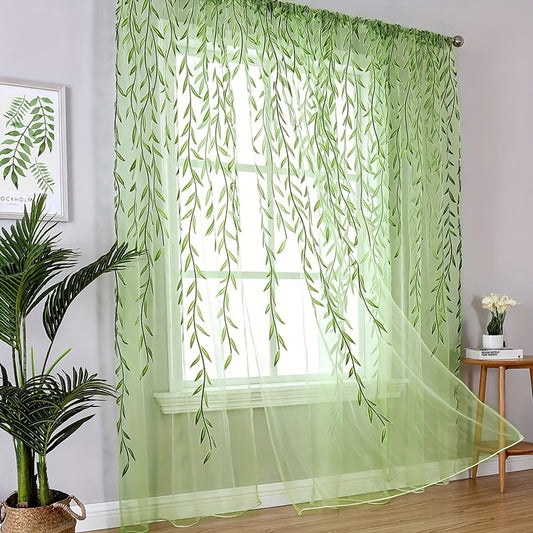 1pc Elegant Willow Leaf Strip Window Sheer Curtains for Home Decor - Rod Pocket Design for Kitchen, Bedroom, Study, Cafe, and Living Room