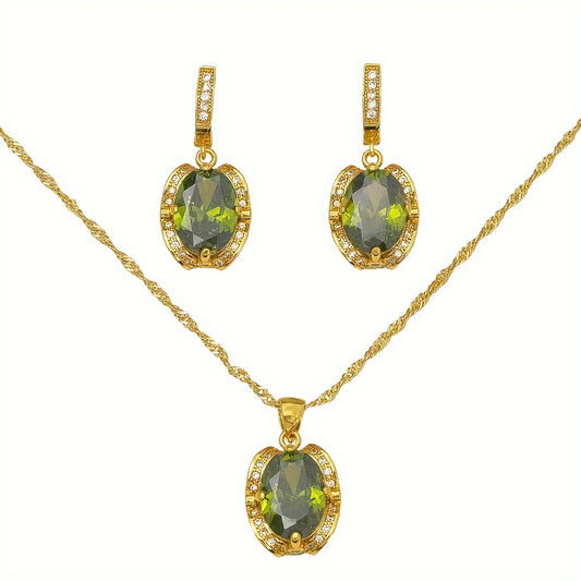 3pcs Glamorous 18K Gold-Plated Jewelry Set - Geometric Cubic Zirconia Necklace and Earrings in Olive Green for Weddings, Valentines Gifts & More