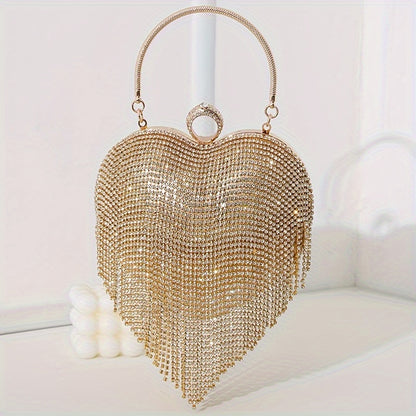 Rhinestone Fringed Heart Shaped Evening Bag, Luxury Shiny Tassel Handbag, Women's Dress Purse For Wedding Party Prom Banquet