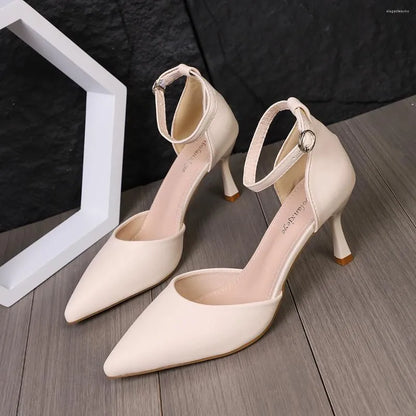 Dress Shoes Women Sandals  Summer Fashion Solid PU Thin Heels Female Pointed Toe Buckle Strap Wedding For Mujer