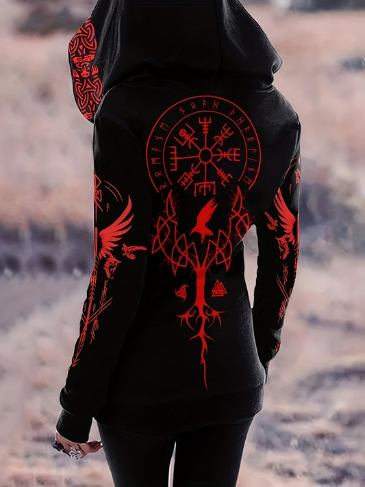 Viking Graphic Print Long Sleeve Drawstring Hoodie - Dual Pockets, Zipper Closure, Casual Sweatshirt for Women - Soft, Breathable, and Comfortable Wear for Everyday Activities