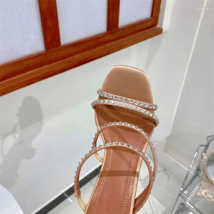 Slippers Sandals Rhinestone Drill Women Square Toe Open High Heels