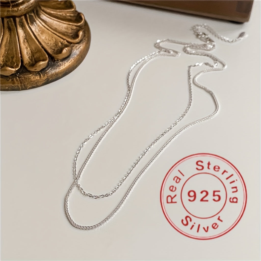 925 Sterling Silver Double Layer Chain Necklace Sparkling Silver Color Chain Simple Necklace