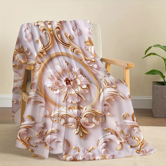 1pc Pink Flower Print Flannel Blanket, Soft And Comfortable Throw Blanket Bed, Sofa, Office, Gift, Camping And Travel, Warm Lightweight Blanket For All Seasons