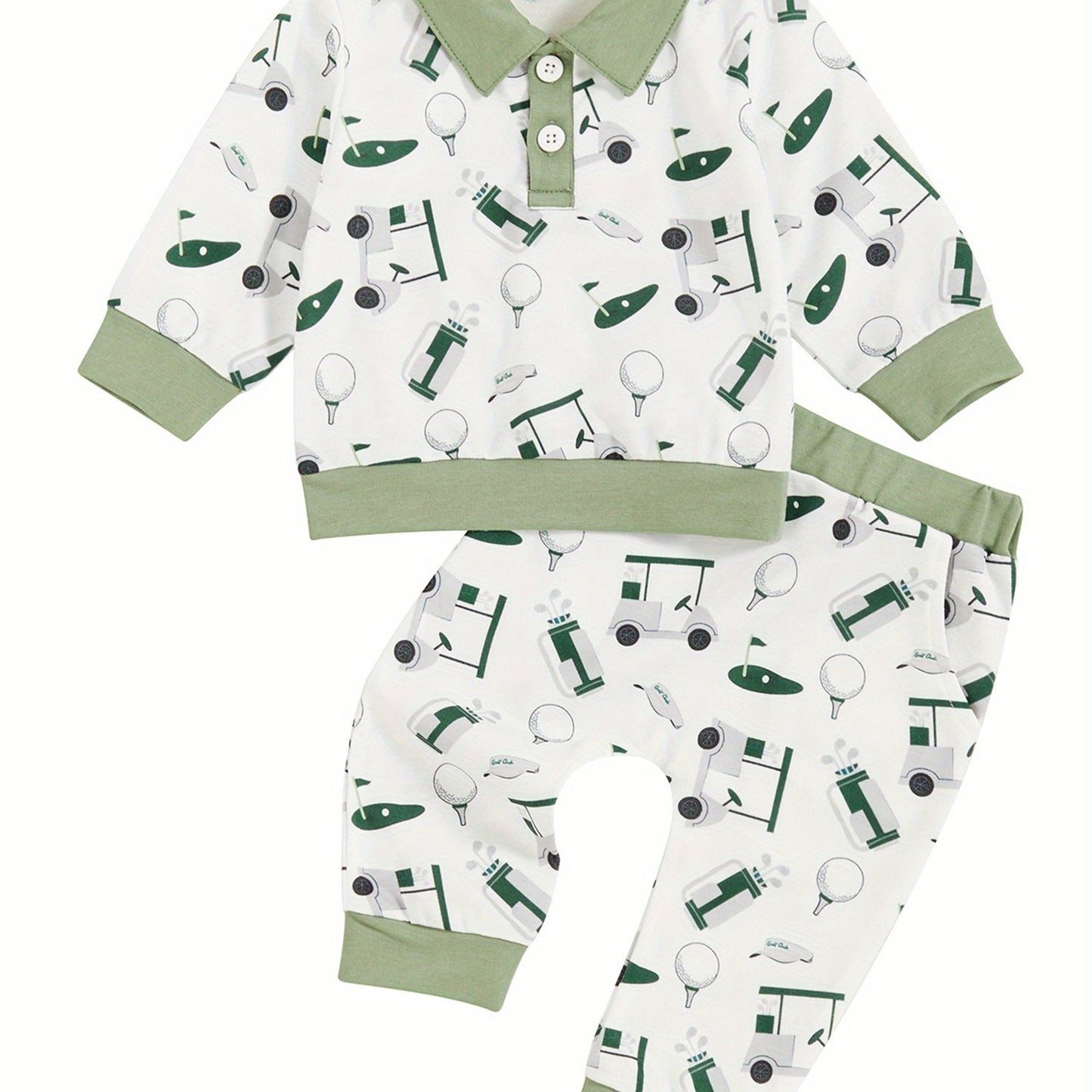 2-Piece Toddler Baby Boys' Adorable Golf Print Outfit - Layette Sets with Turn-Down Collar, Long Sleeve Sweatshirts, and Long Pants for Fall Season, Soft and Cozy Clothes for Everyday Wear