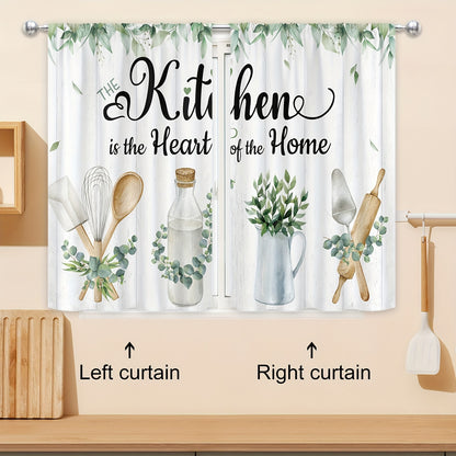 2/3PCS Rustic Eucalyptus Leaves Kitchen Curtain Set Leaf Plants Farmhouse Country Botanical Rod Pocket Wooden Board Farm Nature Bedroom Living Room Treatment Fabric