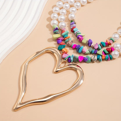 1pc Multilayer Exaggerated Holiday Style Imitation Pearl Peach Heart Charm Necklace Colorful Pine Stone CCB Necklace Charm Multilayer Necklace Gift