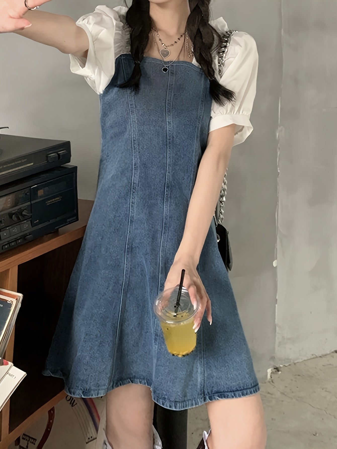 Vibrant Womens Denim Dress - Relaxed Fit, Trendy Patch Puff Sleeve, Short Sleeve, Solid Color, Versatile for Multiple Styling Options - Inspired by Street Fashion, Perfect for Summer Outings