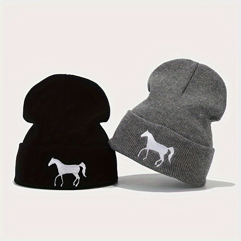 1pc Stylish Horse Embroidery Knitted Beanie Hat - Soft, Warm, and Fashionable for Men and Women Outdoor Activities - Unisex All-Match Design for Casual Wear