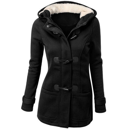 LOVECCR explosion autumn and winter hooded blended horn leather buckle medium and long coat jacket cotton clothes women thickened