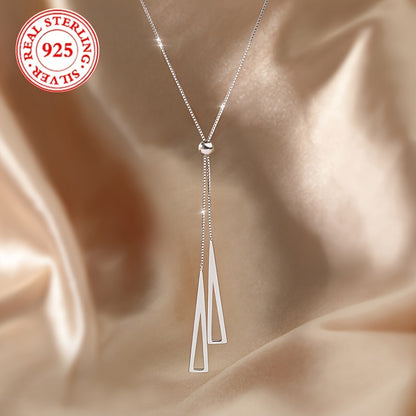 Premium S925 Sterling Silver Geometric Triangle Lariat Necklace - Effortlessly Adjustable Pull-Chain Design - Timeless Minimalist Style for Vacation or Everyday Glam - Y Shape Sterling Silver Accessory