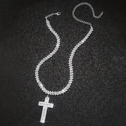 Luxury Multilayer Rhinestone Cross Pendant Necklace Silver Color Neck Jewelry Gift