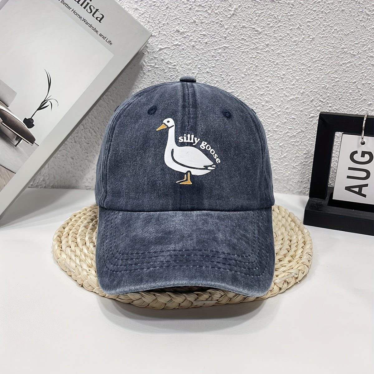 1pc Unisex Sunshade Washed Denim Baseball Cap With Silly Goose Pattern Printed For Outdoor Sport