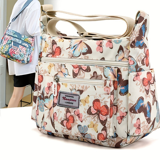 Floral Pattern Crossbody Bag - Water-Resistant Nylon Shoulder Bag with Multiple Pockets, Polyester Lining, and Zipper Closure - Perfect Mothers Day Gift for Mom or Any Occasion