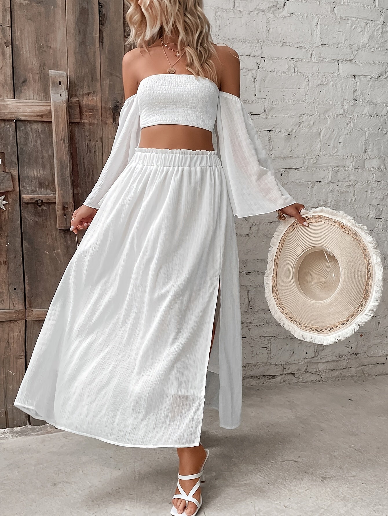 Two-Piece Elegant Skirt Set - Off-The-Shoulder Backless Crop Top with Flare Sleeves and High-Waist Ruffle Trim Split Skirt - Polyester, Machine Washable, Solid Color, Spring/Fall Season, Woven Fabric