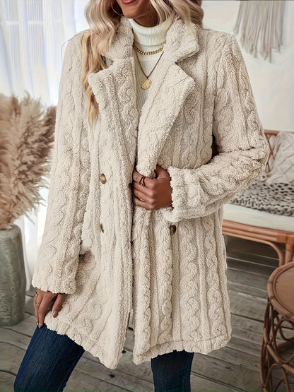 Long Sleeve Textured Thermal Double Breasted Lapel Teddy Coat - Soft Micro Elasticity Polyester Fabric, Versatile Winter Outerwear for Women - Hand Washable, Solid Color, Middle East Style, Fall/Winter Season, Knit Fabric